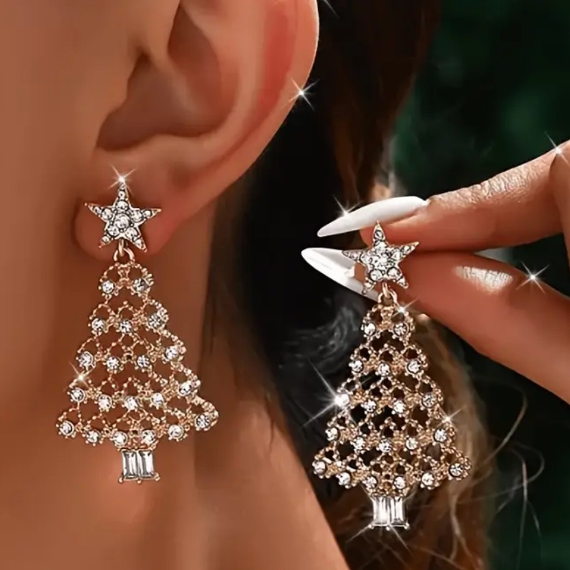Amazon Christmas Tree Gold Rhinestone Earrings Nib 20$